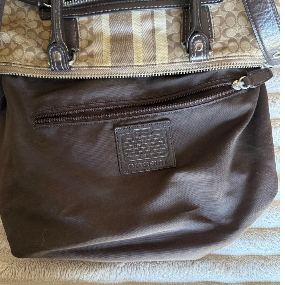 Coach Legacy Signature Stripe Satchel Khaki Mahogany Canvas Leather Handbag